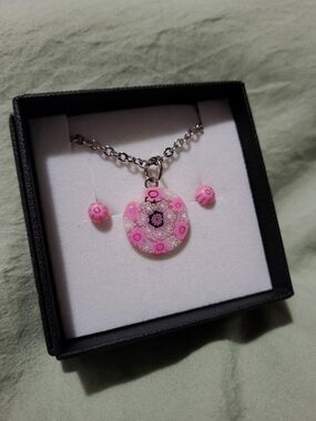 Murano Glass Pink Millefiori Pendant and Earring Set